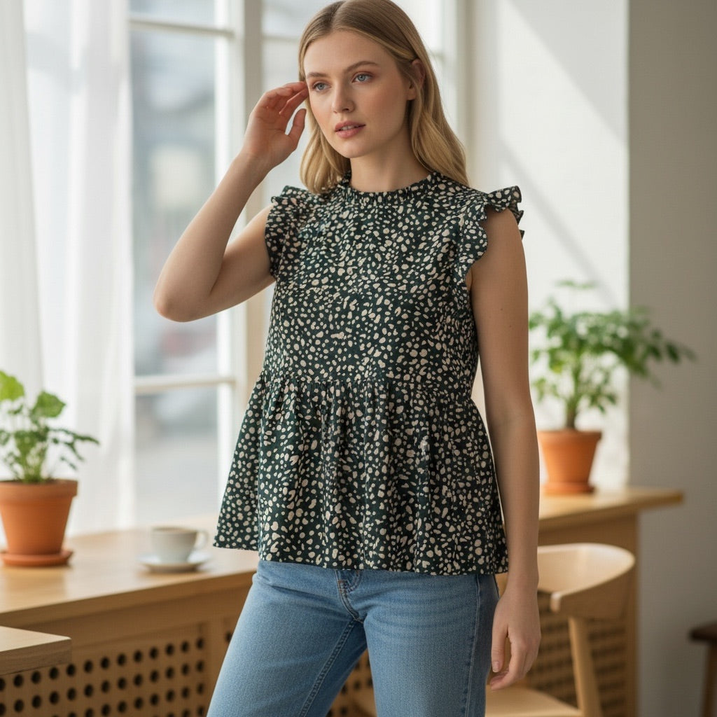 Green with cream speckle print Solution Green Speckled Ruffle Dress, Small